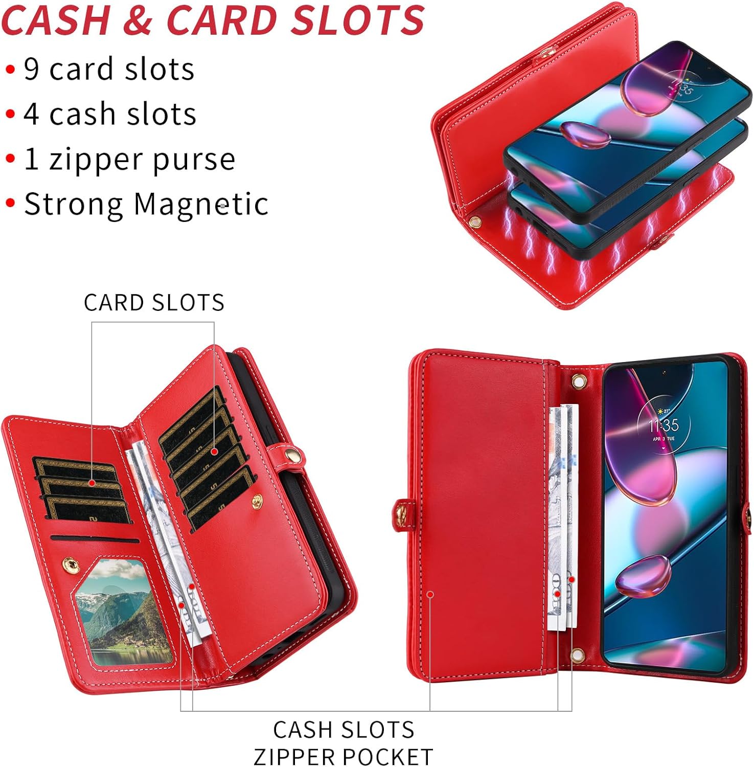 Asuwish Phone Case for Motorola Edge+ Plus 2022/Edge X30/30 Pro Zipper Wallet Cell Cover with Tempered Glass Screen Protector Lanyard Strap Bling Glitter Flip Card Holder Moto Edge + 5G UW Women Red