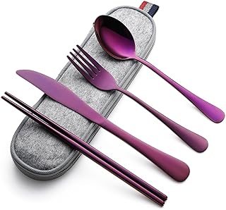 DEVICO Camping Besteck, Edelstahl Reisebesteck, 5-Teiliges Outdoor Cutlery Set mit Messer, Gabel, Löffel, Essstäbchen und Etui - Ideales Besteckset für Unterwegs (Purpur)