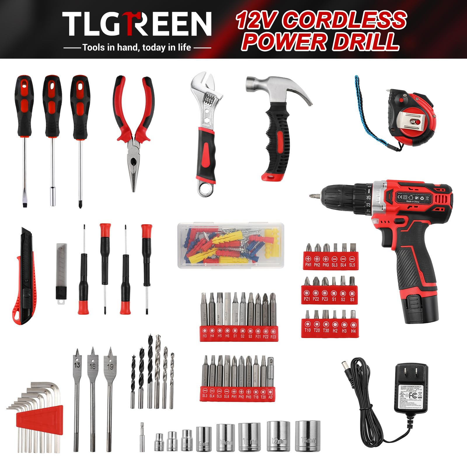 TLGREEN Set di utensili da 12 V con trapano senza fili, kit di utensili manuali con set di punte magnetiche per trapano, controllo a 2 velocità e ricarica rapida, kit di attrezzi per fai da te