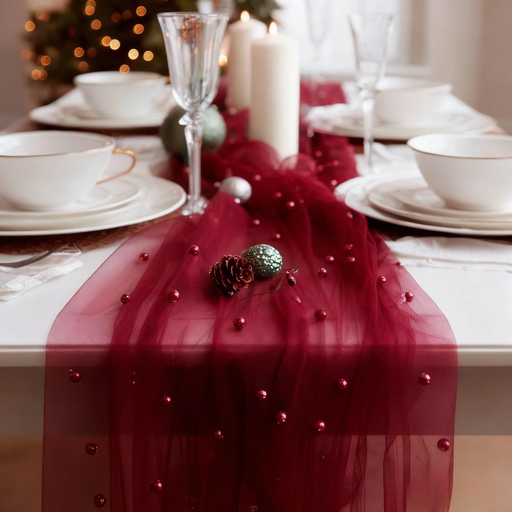 An Extra long Burgundy Pearl-embellished Tulle Table Runner For Weddings, Bridal Parties Holiday Decorations