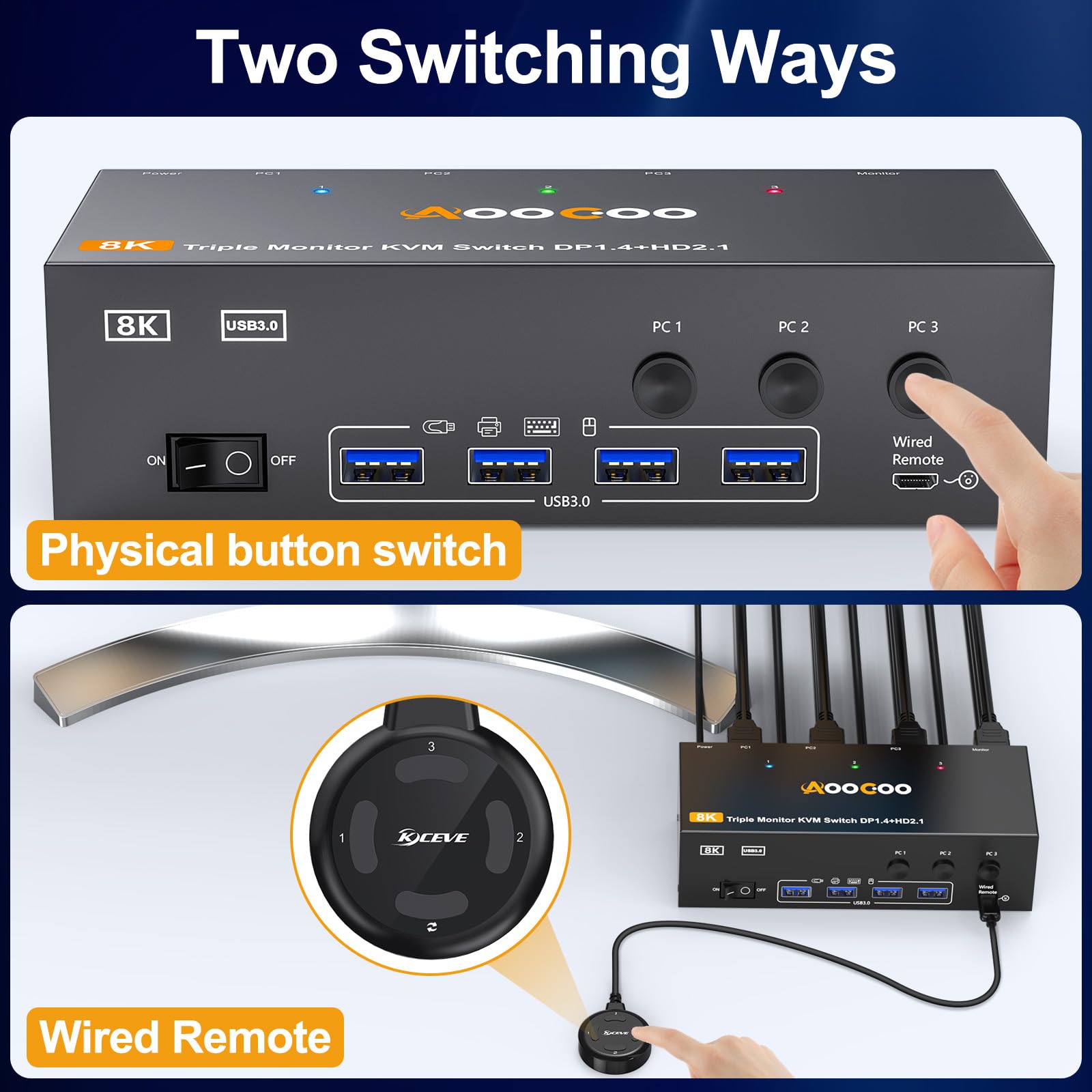 Commutateur KVM 3 PC 3 moniteurs 4K @ 144Hz/8K @ 60Hz, Triple moniteurs HDMI DP KVM Switches avec télécommande filaire, bloc d'alimentation et câble USB 3.0
