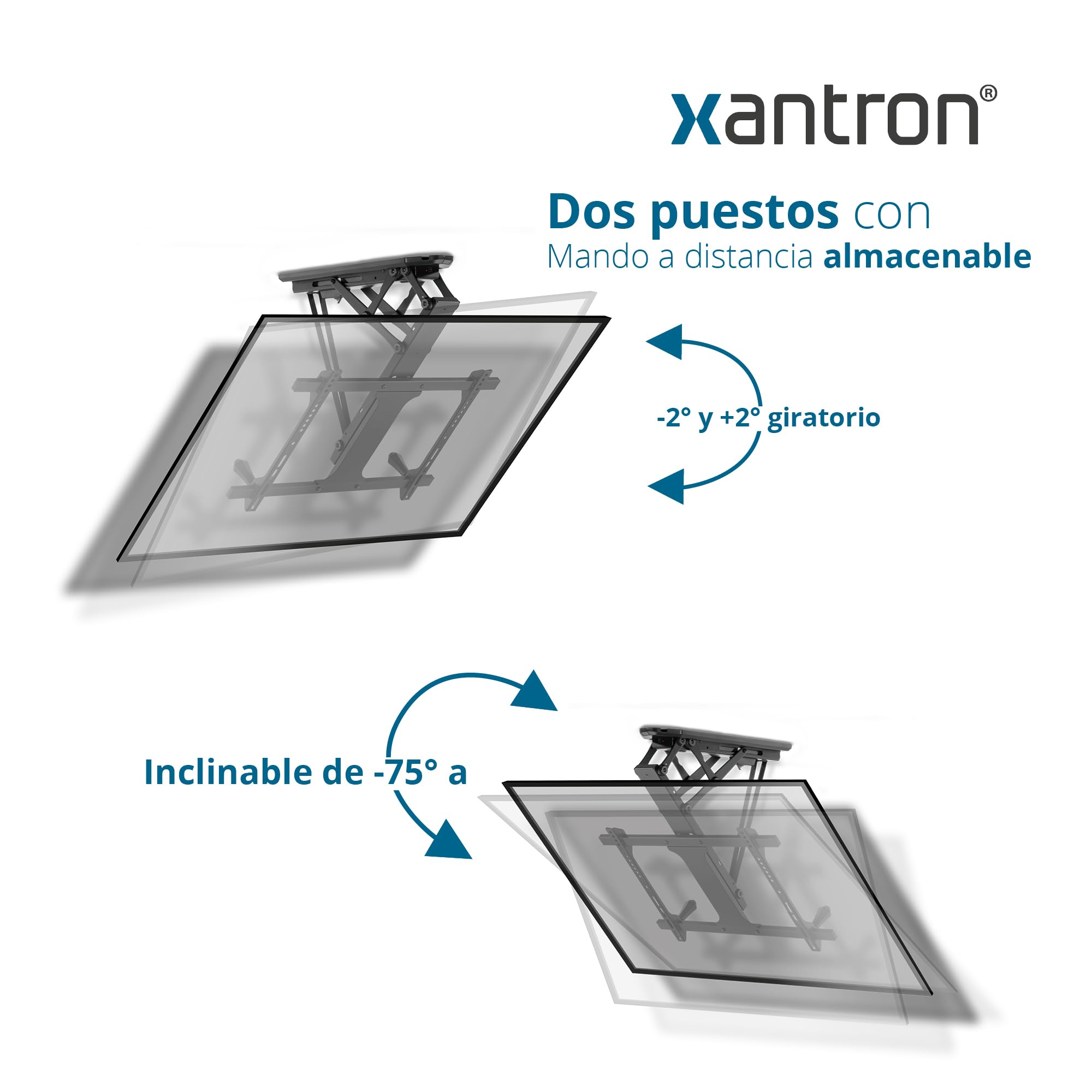 Xantron® DEHA-600E Soporte de Techo para TV Eléctrico Plegable Inclinable/Soporte TV motorizado de 32-70 Pulgadas/Soporte de Techo para Monitor con Material de Montaje y Mando a Distancia