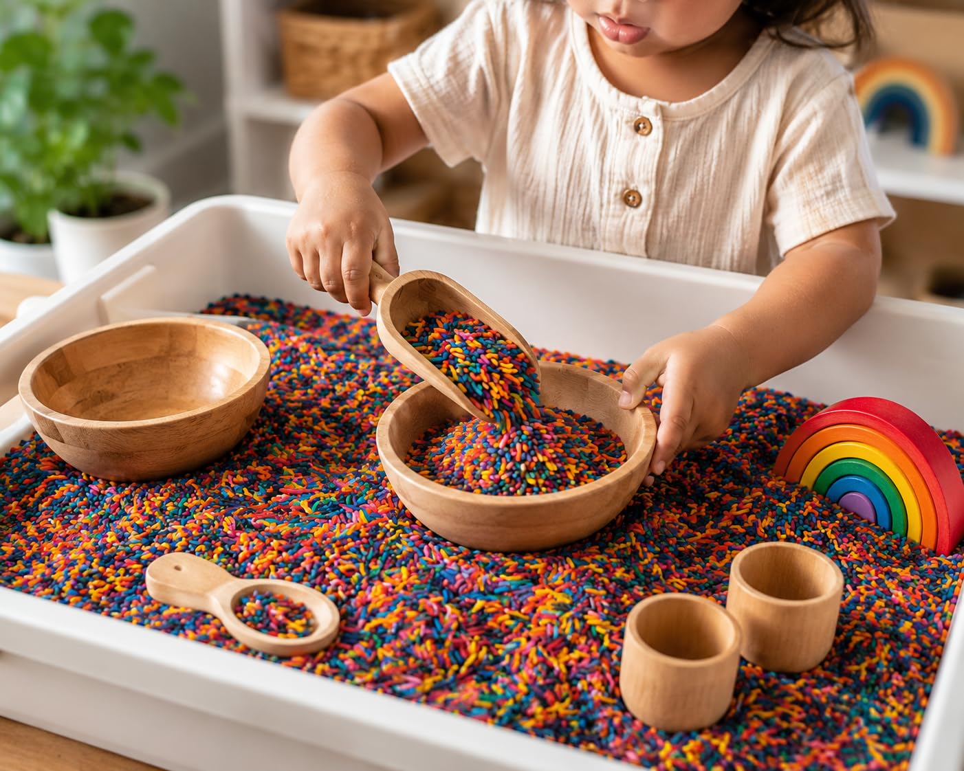Sensory Play Kit for Kids | 500g Rainbow Sensory Filler with Wooden Scoop & Tong | Montessori Fine Motor Activity (Sensory Play Kit, Multicolor, Rice Sensory)-image-14
