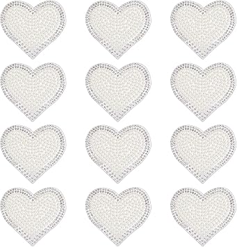 12 Pcs Rhinestone Heart Pearl Iron Patches - Love Heart Patches, Bling White Artificial Diamond Badge Patch for Jeans, Jacket, Bags, Backpack, Bride Patch