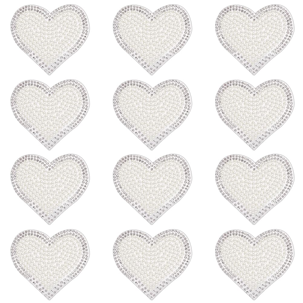 Lot de 12 écussons cœur strass blanc thermocollants et à coudre multi-supports