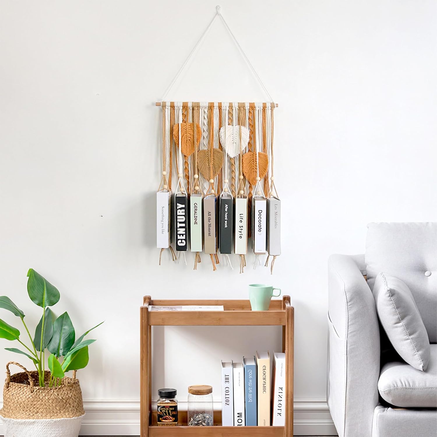 Wnvivi Macrame Book Holder,Decorative Macrame Book Hanger,Boho Macrame Wall Decor,Handmade Wall Art Macrame Book Hanger for Home Decor (Khaki)