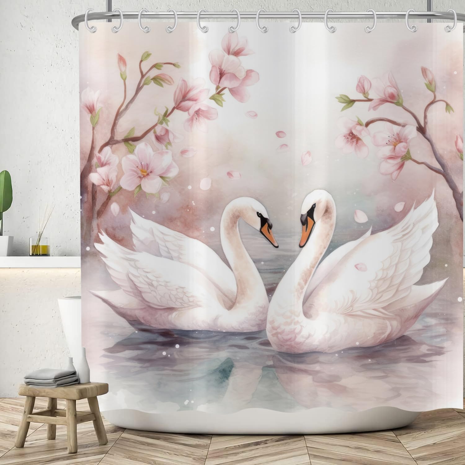 ASDCXZ Swan Shower Curtain 150x180 cm, Watercolor Romantic Swan Crosses Neck Rose Plum Blossom Bath Washable Shower Curtains Polyester Textile Waterproof Bath Curtain for Bathtub with 10 Hooks — image 1