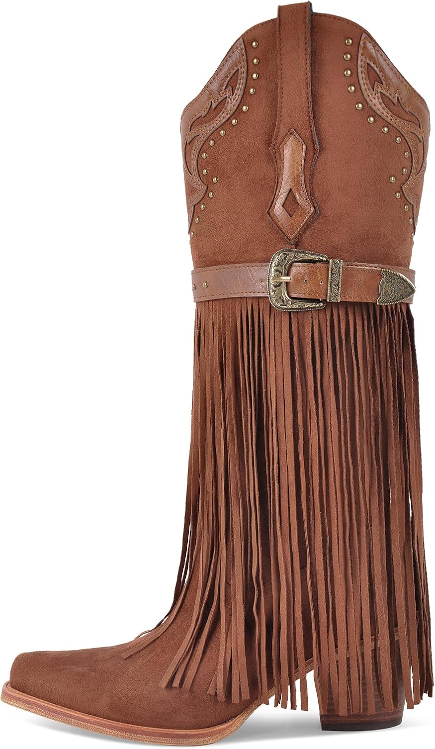 Richealnana Women's Fringe Pointed Toe Block Heel Pull On Metal Buckle Western Cowboy Boots