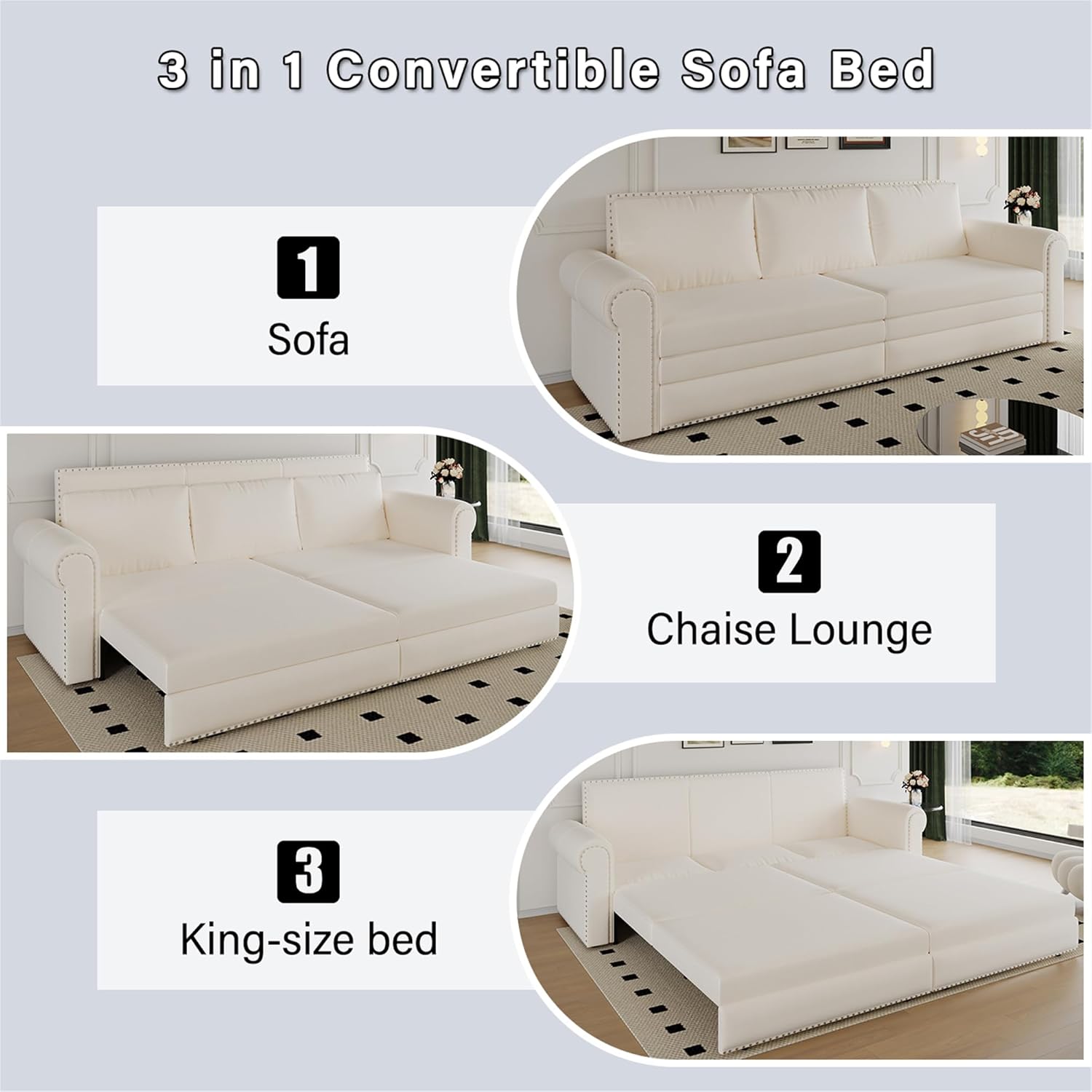 Image showing the sofa in its three configurations: sofa, chaise lounge, and king-size bed.