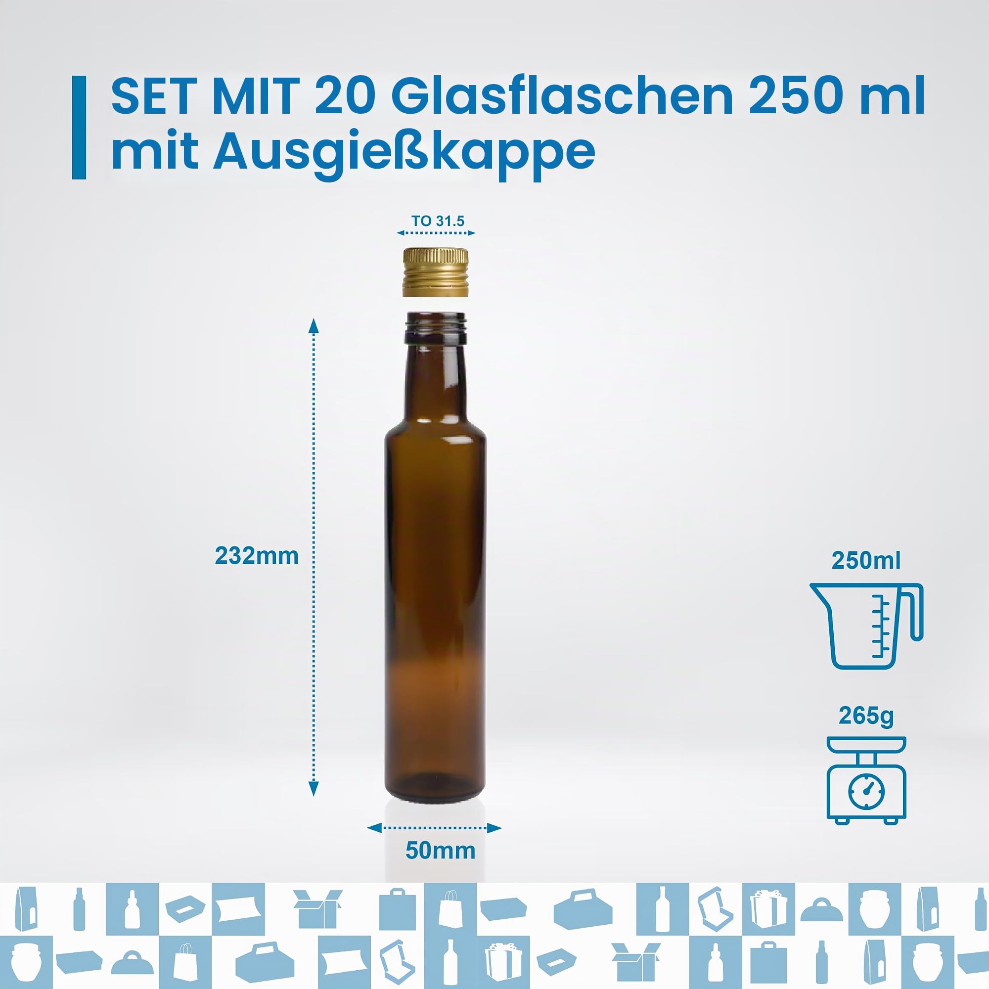 20 Flaschen aus dunklem Glas 250 ml mit goldenem Ausgießer-Schraubverschluss – Ölflaschen für Olivenöl, Essig, Alkohol und Saucen | Espirito Rebelde