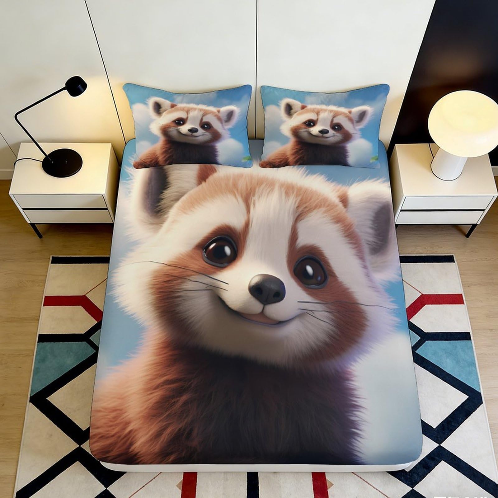 3D Printed Cute Red Panda Fitted Sheet Microfiber Soft Anti-Slip Animal Cartoon Mattress Cover for Bedroom Dorm Guest Room 140x200x25cm
