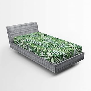 Ambesonne Leaf Fitted Sheet, Watercolor Print Botanical Wild Palm Trees Leaves Ombre Design Image Exotic Jungle, Soft Decorative Fabric Bedding All-Round Elastic Pocket, Twin Size, Green White