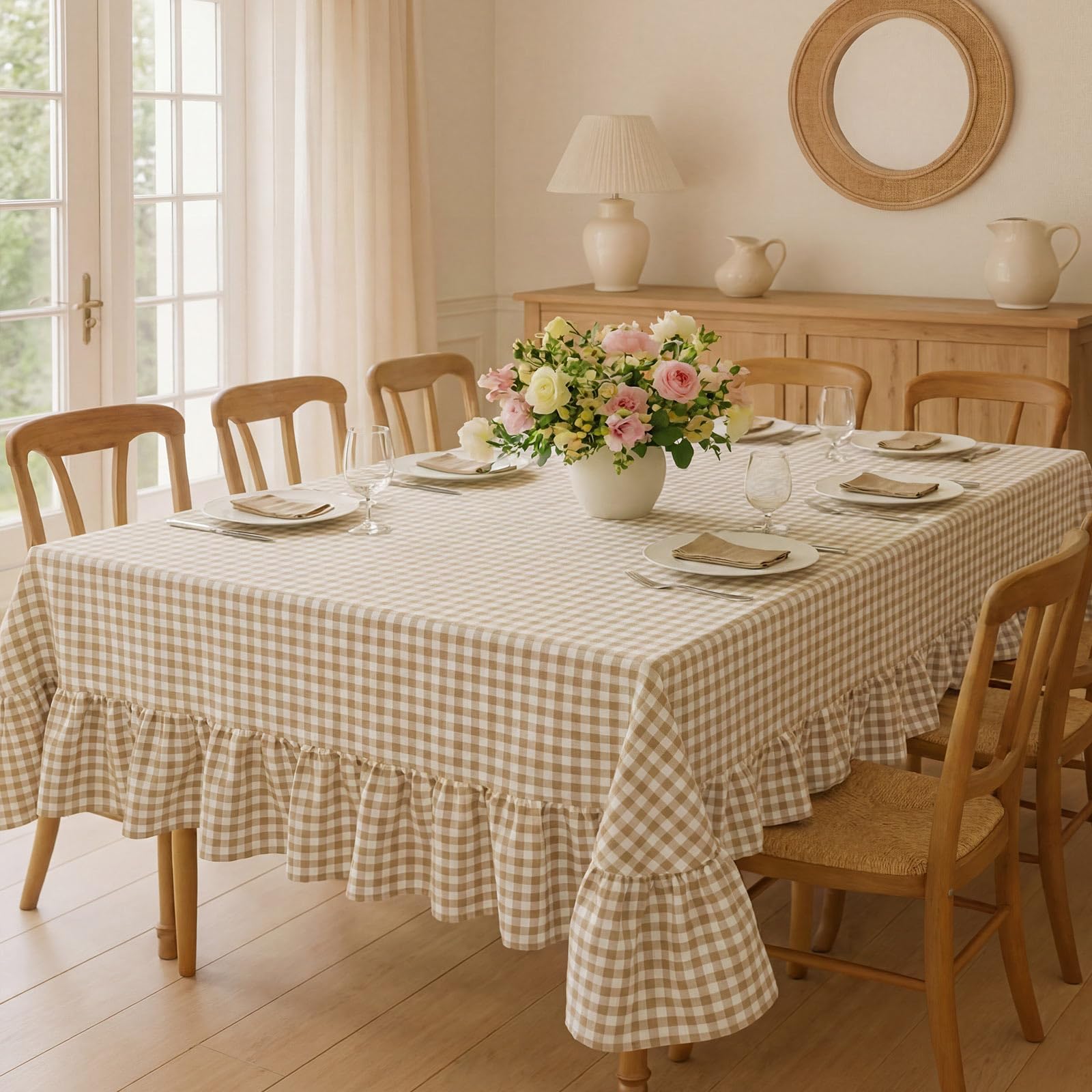 Mindsoft Light Brown Gingham Ruffled Tablecloth 70 x 52 Inches Rectangle Cotton Linen Checkered Table Cloth Buffalo Plaid Farmhouse Vintage Decorative Tablecover for Picnic Kitchen Dining Home Party
