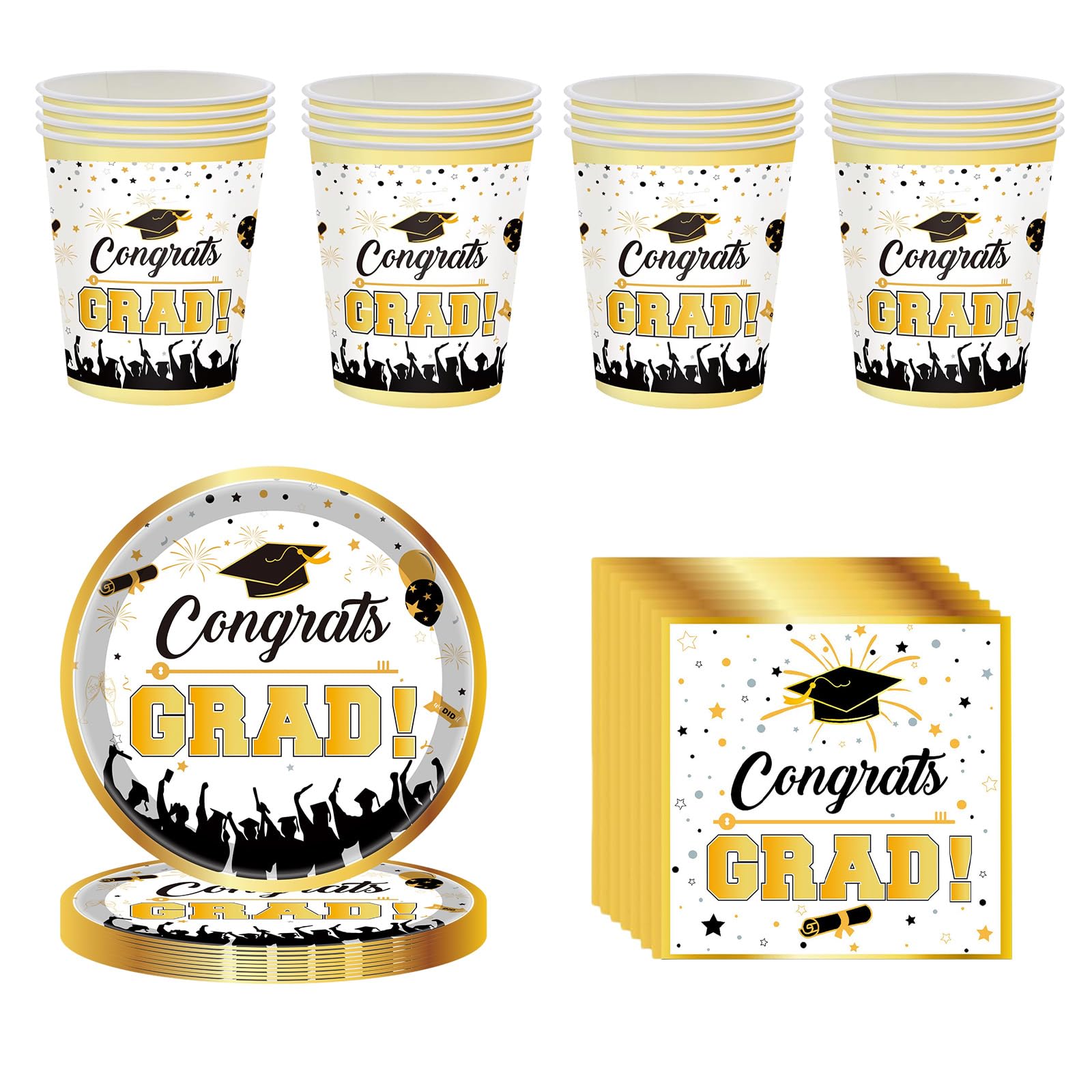 52Pcs Gold Graduation Tableware Kit for 16 Guest,2026 Graduate Paper Tableware 16Pcs Graduate Plates,16Pcs Paper Cups and 20p Napkin in Gold,Graduation Dinnerware Set for Grad Party Decor Supplies