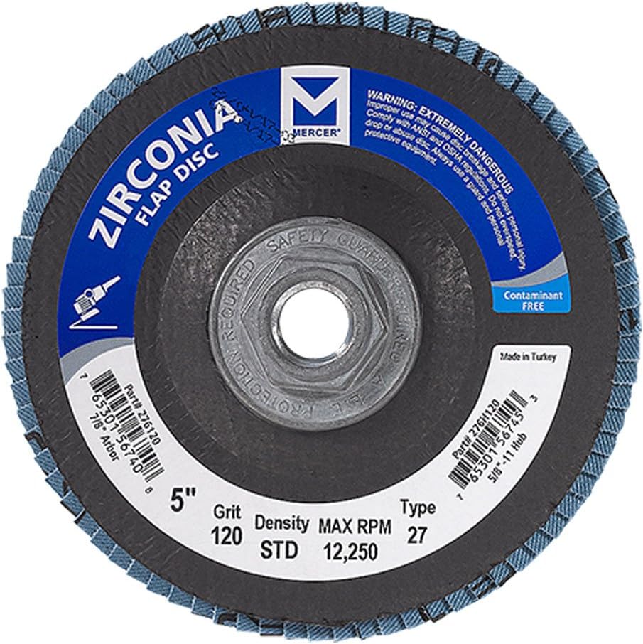 Mercer Industries 276H120 Zirconia Flap Disc, Type 27, 5 x 5/8 11 Thread, Grit 120, 10 Pack