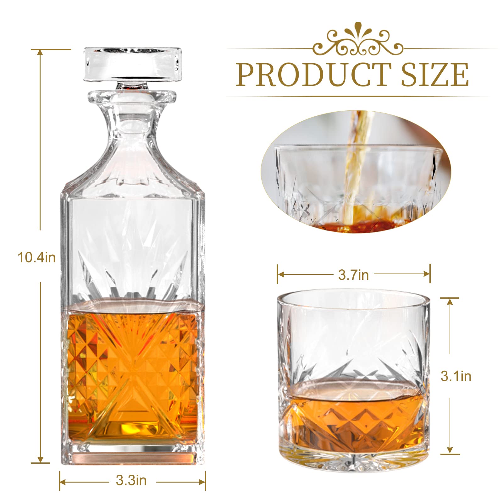 Carafe à whisky en verre sans plomb fabriquée à la main et 6 verres à whisky, le compagnon idéal pour bourbon et vodka (Apollo)