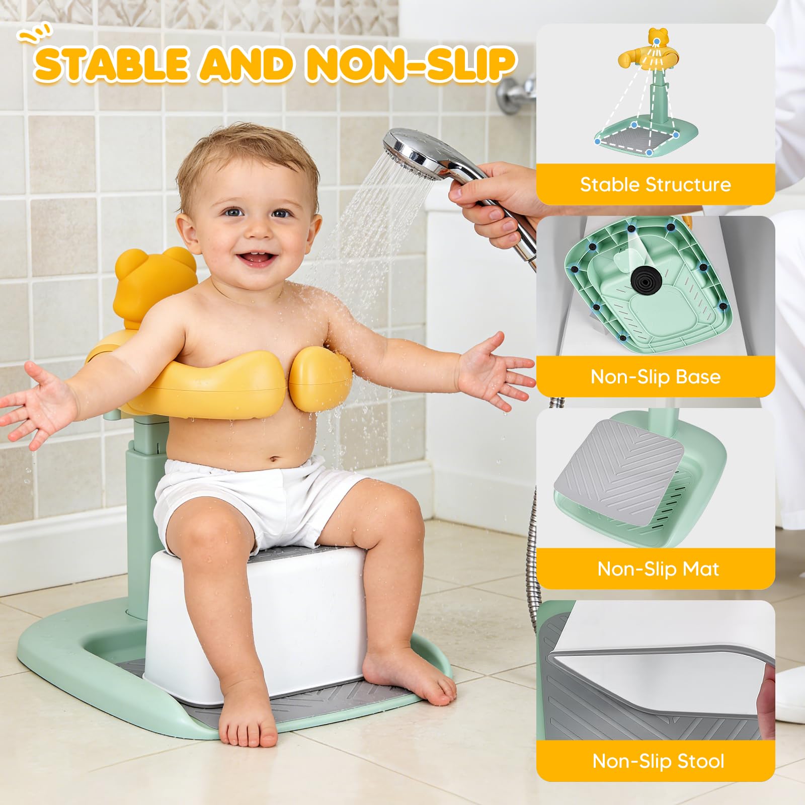 Supporto per Doccia da Bambino, Regolabile in Altezza 47-62cm, Sedia da Bagno con Base Antiscivolo & Sgabello Rimovibile, Senza BPA, Supporto per Doccia per Bambini 6-36 Mesi per Bagnare - 5