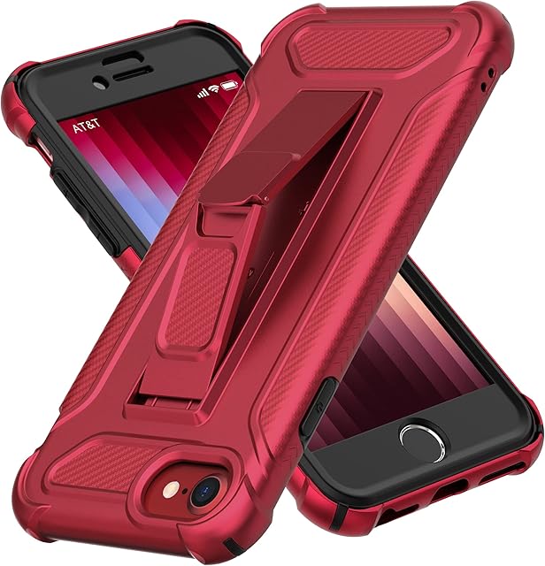 ORETECH for iPhone SE 2022 Case, iPhone SE 2020 Case, and[2 x Tempered Glass Screen Protectors] [Built-in Kickstand] Military Grade Shockproof iPhone 8 7 Case 360 Full Body Protective Case Cover - Red