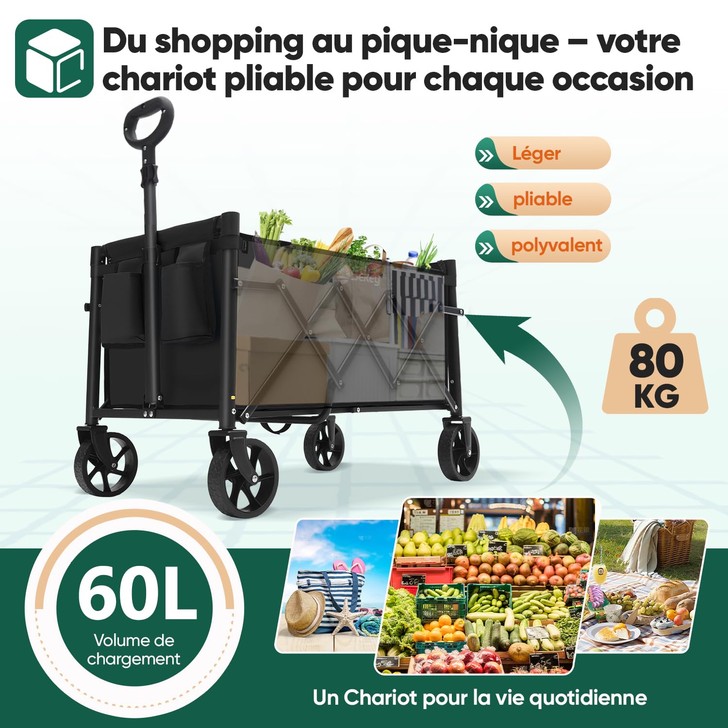 Sekey Chariot Pliable 60L 80 kg Capacité Compact Léger pour Courses et Poignée Réglable Mini 4029, Noir
