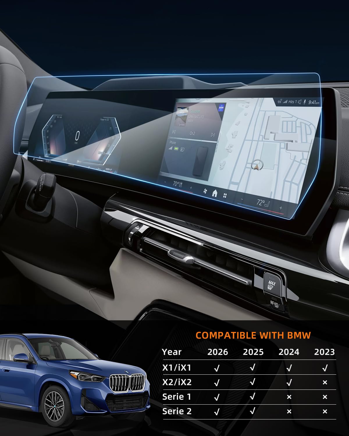 10,7" Navigation+10,25" Dashboard Protector Pantalla para B-M-W X1 | Funda Pantalla, Pelicula 9H Cristal Templado, Anti-Huellas Dactilares, Anti-Arañazos, BMW X1 iX1 X2 iX2 / 1 Series 2023-2026