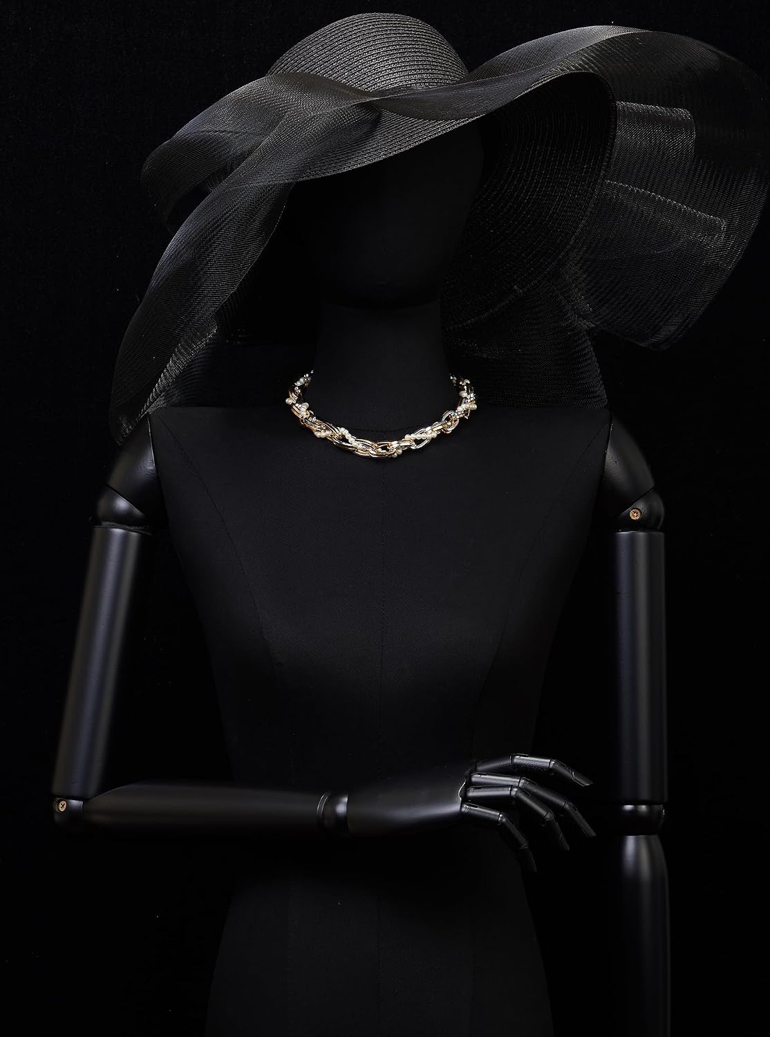 Fashion Statement Necklace, Gold Silver Chain Interwoven with Pearl String, Large Collar Necklace