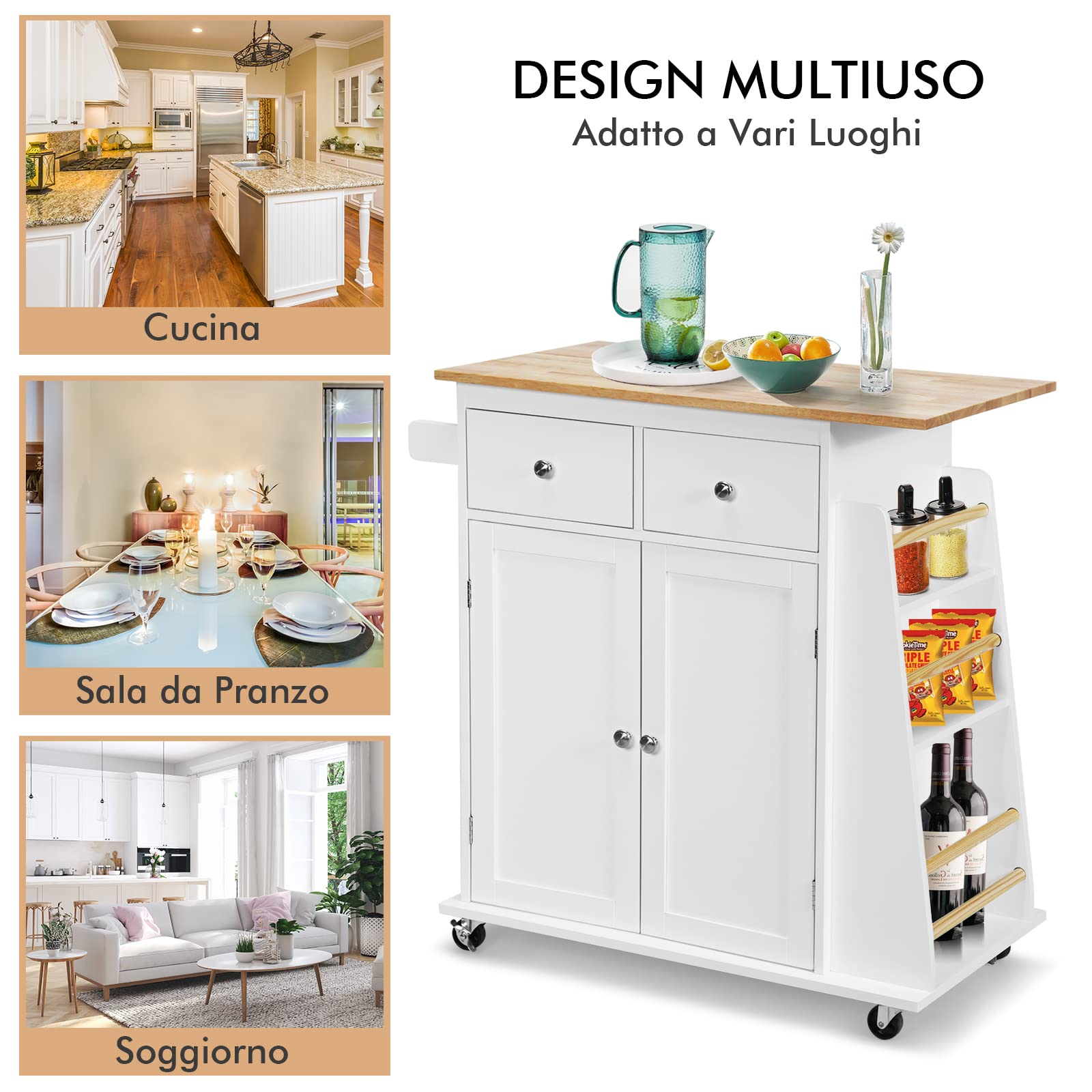COSTWAY Carrello di Servizio Cucina con Ruote, 2 Cassetti e Portaspezie, Portasciugamani e 2 Porte, Ideale per Casa Ristorante e Bar, MDF + legno di gomma 88x45x89,5 cm (Bianco)