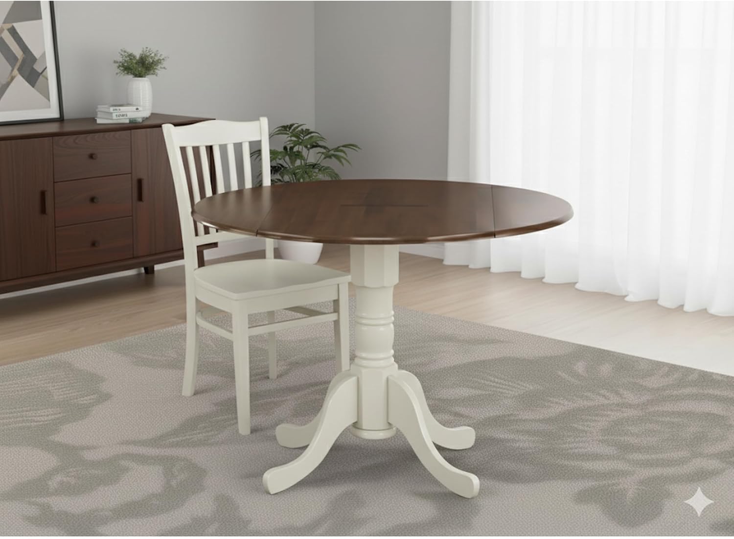 CARTESIAN Round Drop Leaf Dining Table, Walnut and White, Solid Wood, 42 Inch, Space Saving Pedestal Base, Farmhouse Style, for Kitchen and Breakfast Nook (Walnut and White)
