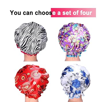 Pack of 4 Shower Caps for Women Waterproof Bath Hat Hair Cover Caps Elastic Band Reusable Double Layer Stylish Satin Hair Bonnet for All Hair Length