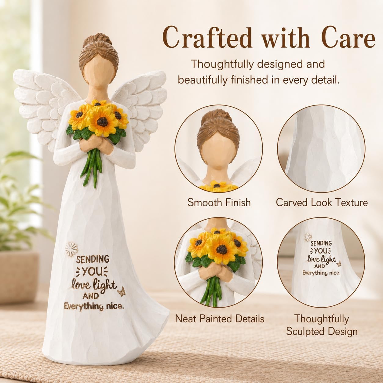 Sunflower Gifts for Women Self Care Gifts for Women Thinking of You Gift, Sympathy Friendship Birthday Gifts, Sculpted Painted Resin Angel Figurine Decor image 5