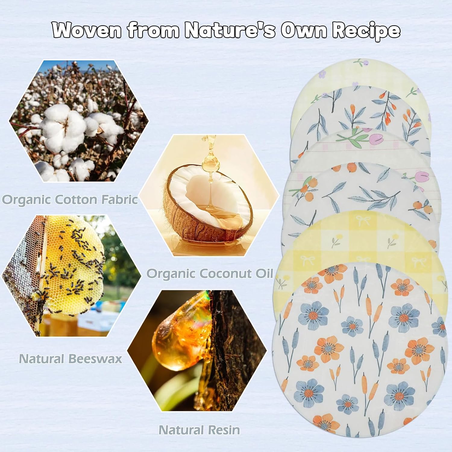 6PCS Reusable Beeswax Bowl Covers-Large 8''/10''/12'' (2 of Each Size) Elastic Cotton Cloth Wraps-Sourdough Shower Caps for Bread Proofing and Food Fresh Keeping