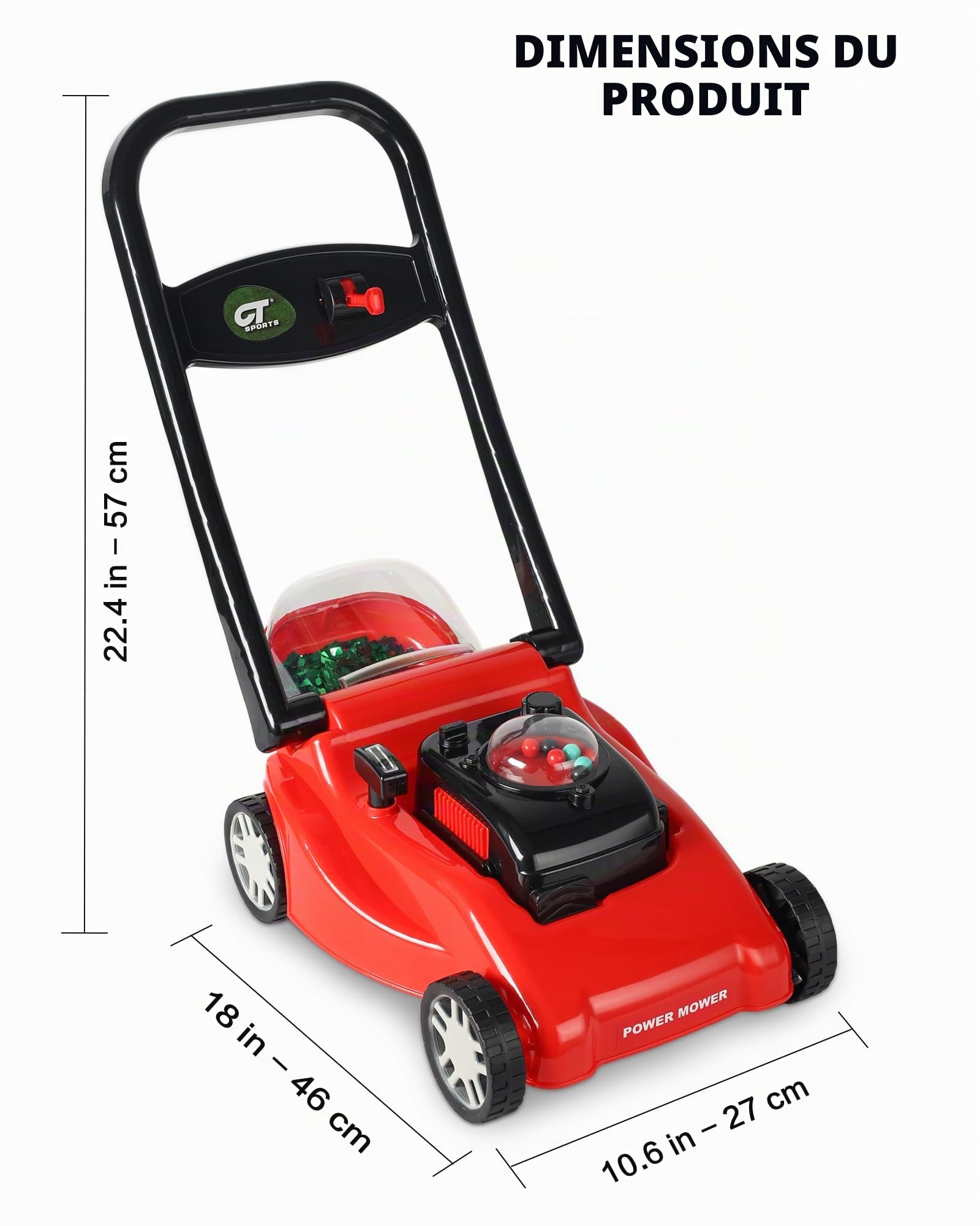 Tondeuse à gazon pour enfant avec action de coupe d'herbe réaliste et sons – Pas besoin de piles | Tondeuse à gazon pour enfants, jouet amusant pour enfants (rouge)
