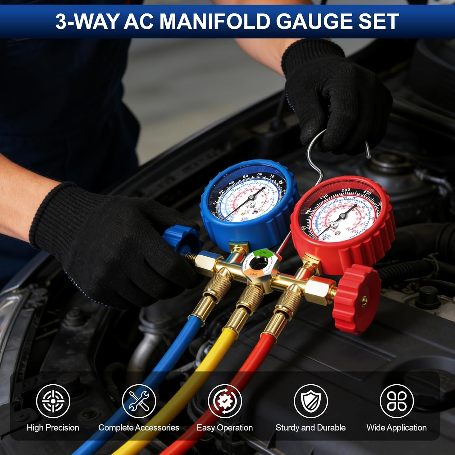 Luney 3 Way AC Gauges Set, AC Manifold Gauge Set for R134a R12 R22 R502 Refrigerant, Automotive HVAC Freon Recharge Kit with 5FT Flameproof Hoses, Couplers, Adapter, Self Sealing & Puncturing Can Tap