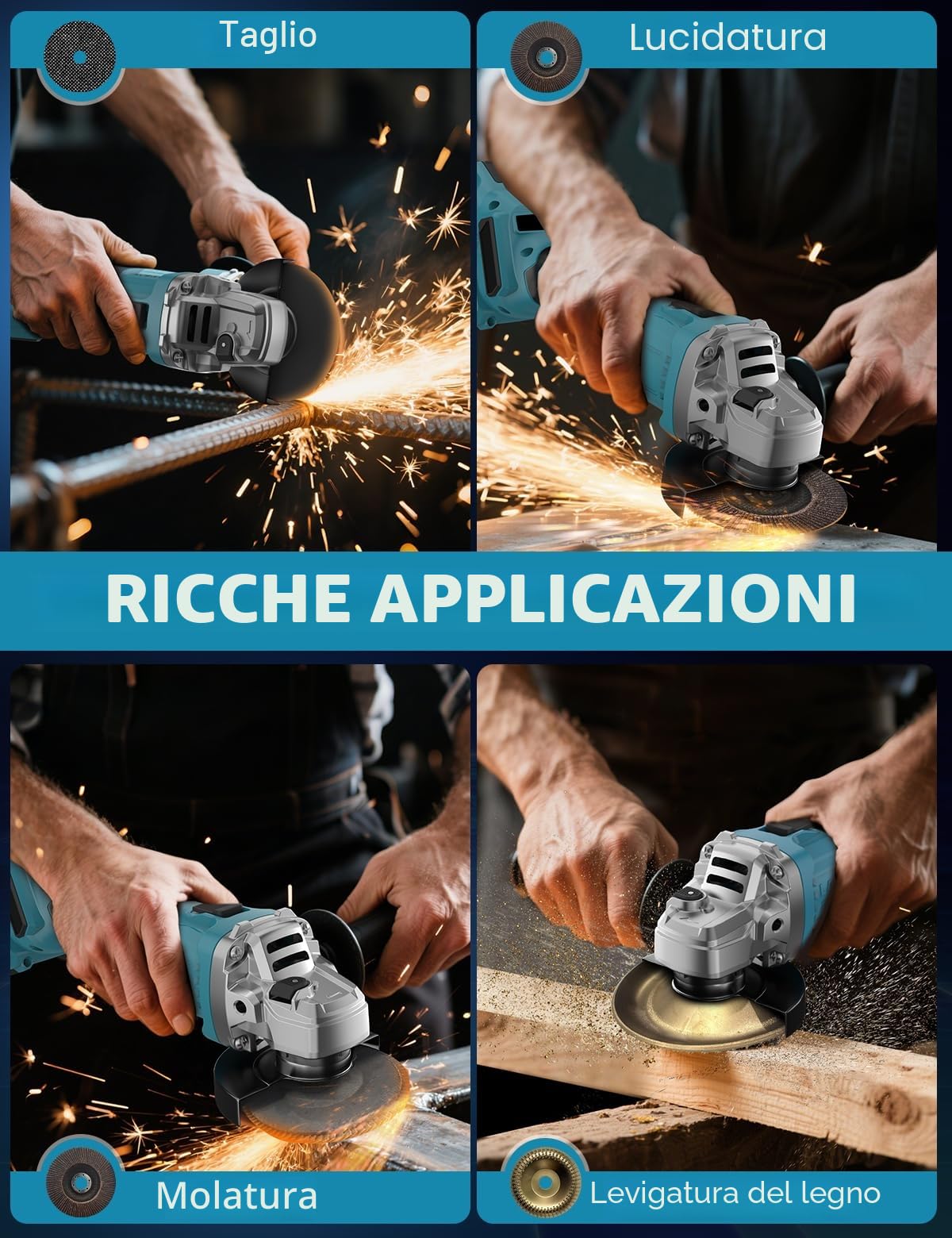 Smerigliatrice angolare a batteria DURFICST DAG310, 125 mm/10.000 giri/min Smerigliatrice a batteria con 2 batterie da 21 V 4,0 Ah, per taglio e levigatura