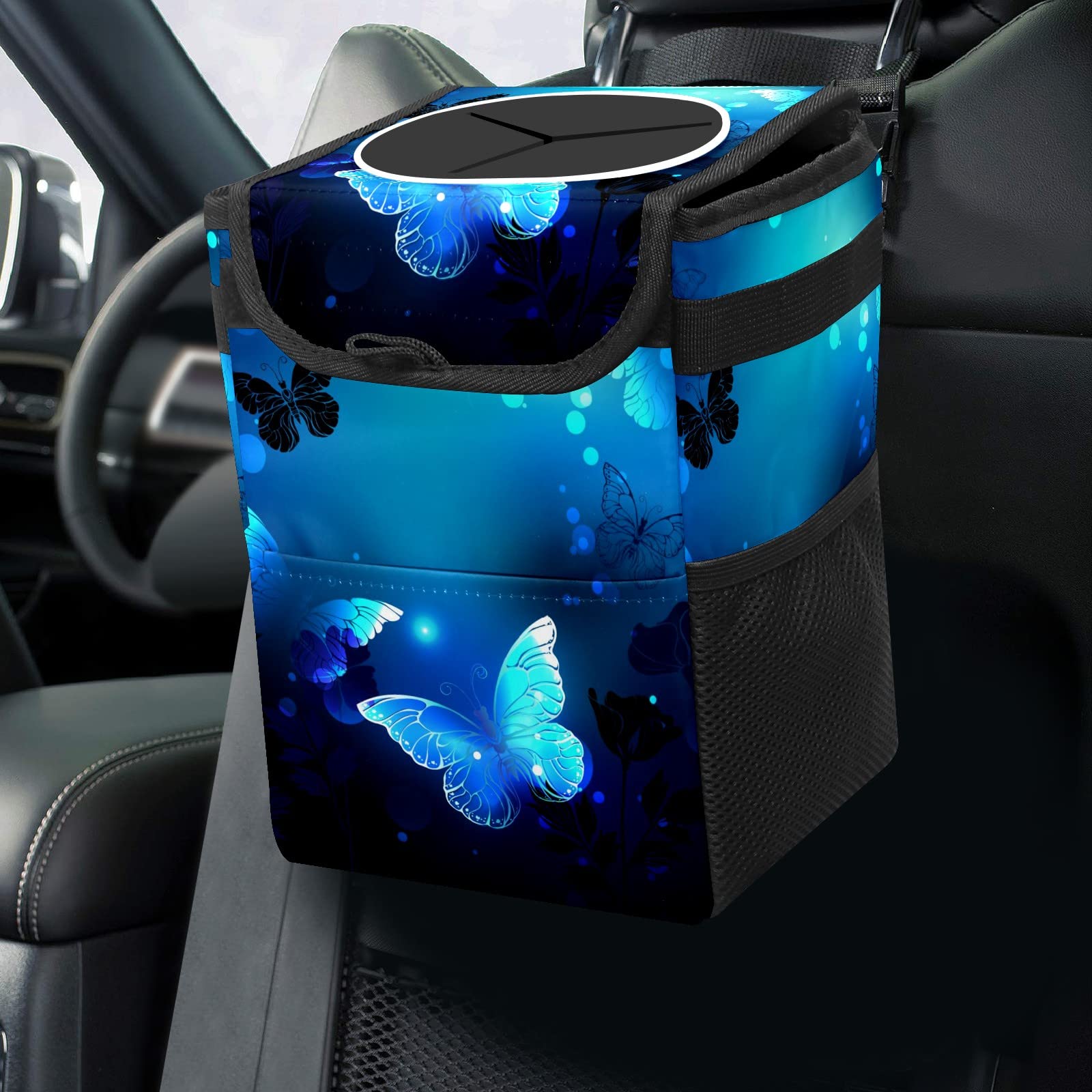 GACTIVITY Blue Butterfly Glowing Car Trash Can with Lid Collapsible Reusable Waterproof Car Garage Bag,Automotive Garbage Can,Car Accessories Interior