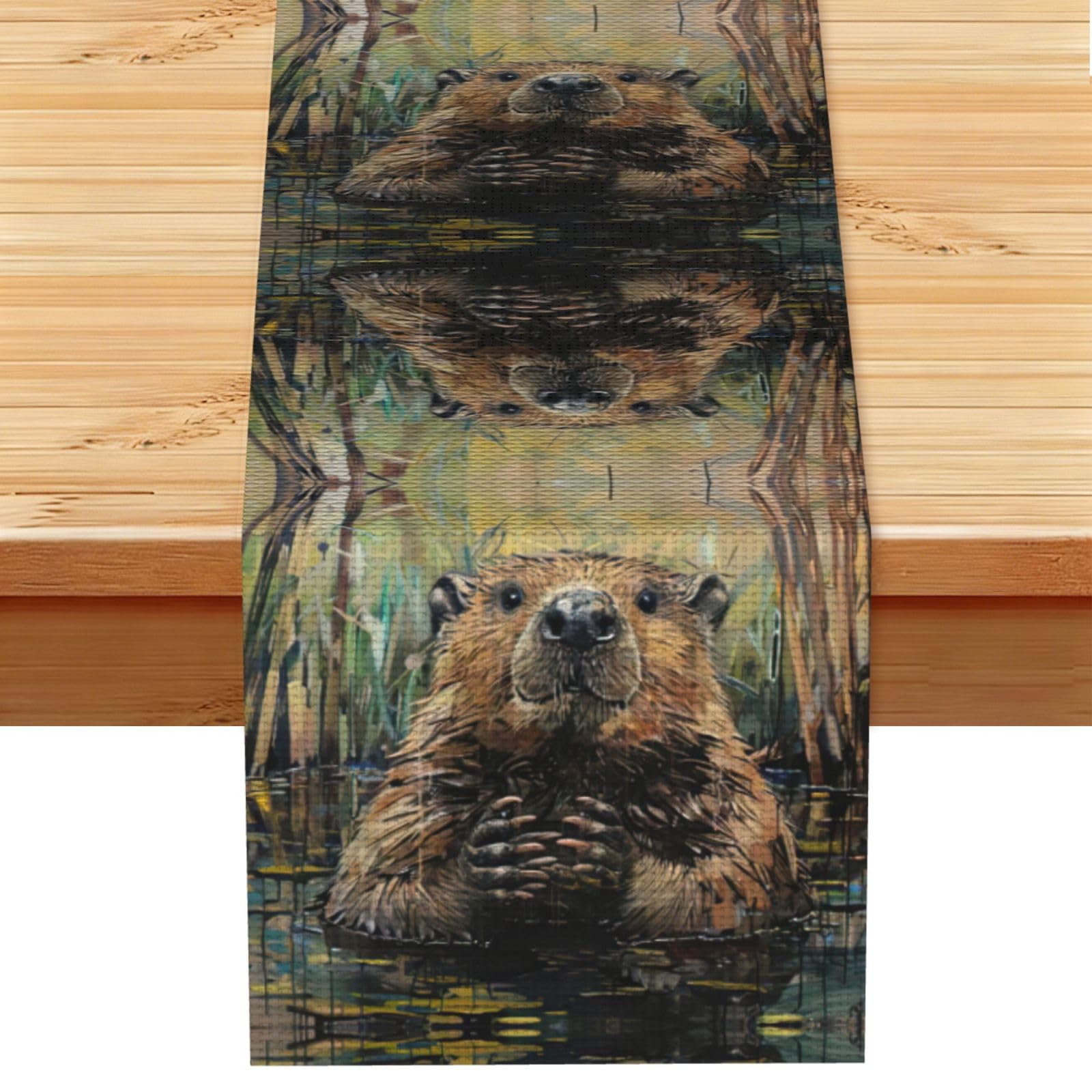 Beaver Printed Dining Table Runner 13x72 Inch, Non-Fading Decor for Kitchen Dresser Fireplace Mantel