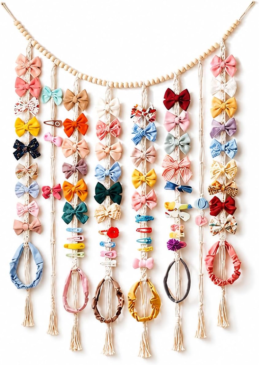 Macrame Bows Holder Hanging Bows Organizer for Hair Hanging Photo