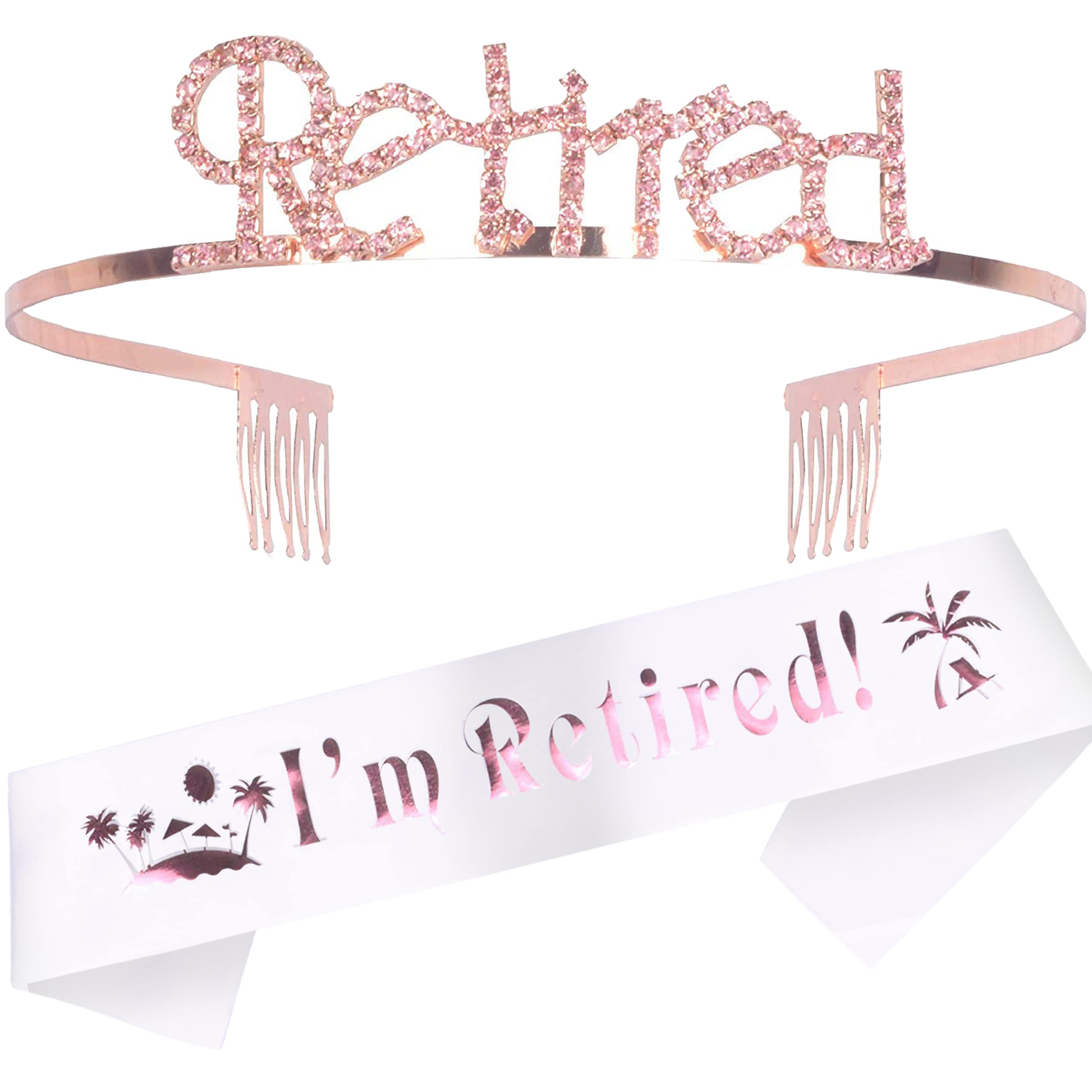 MEANT2TOBE Retirement Decorations Party Sash and Crown for Women - Fabulous Set: Glitter Sash & Pink Rhinestone Premium Metal Tiara - Gift for Her