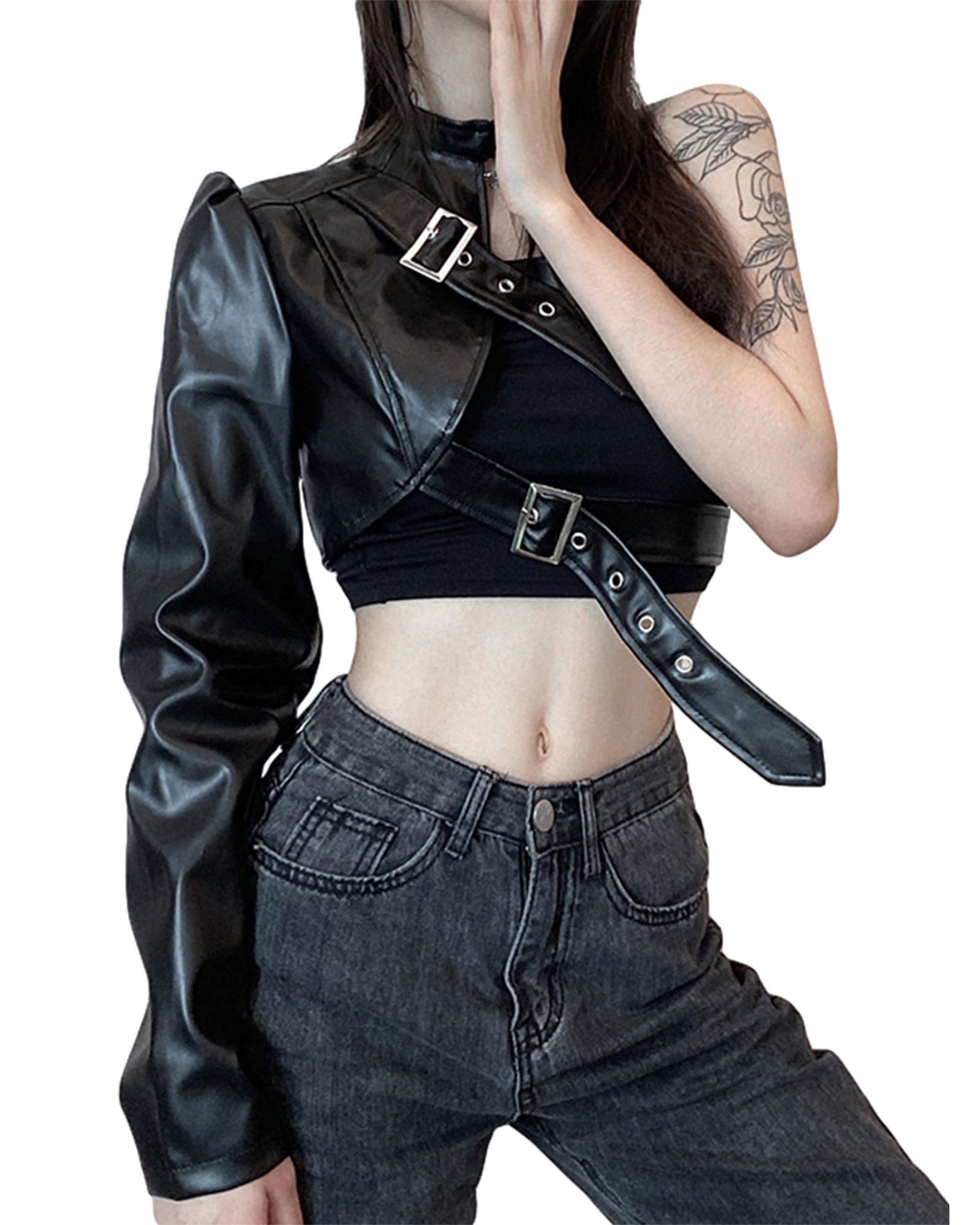 Veste courte en cuir style punk pour femme - Cool - Manches longues - Cintre en cuir - Ceinture en cuir irrégulière