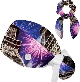 FVQL Set of 2 Bouffant Caps with Hairband Surgical Caps Scrub Cap, Firework and Eiffel Tower