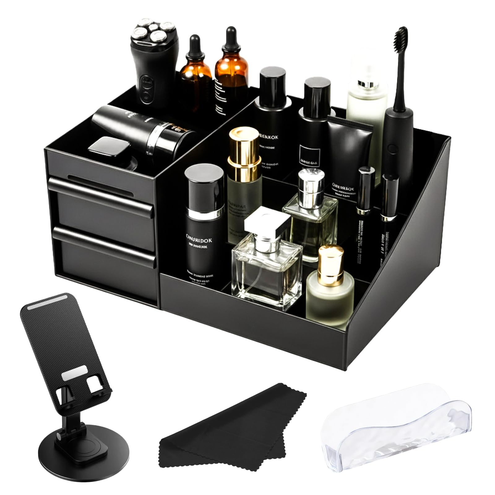 Cologne Organzier for Men & Unisex - Perfume & Makeup Storage Display Stand with Alliminum Phone Holder, Microfiber Cleaning Cloth & Muti Use Transparent Glasses Holder