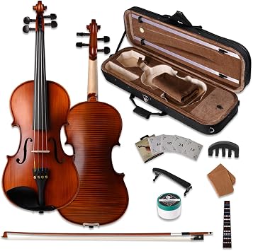 Q033 4/4 Full Size Violin Outfit for Beginners, Students and Adults, Solid Wood Spruce Top Maple Back, Ebony Fittings, Complete Starter Kit, Ready to Play