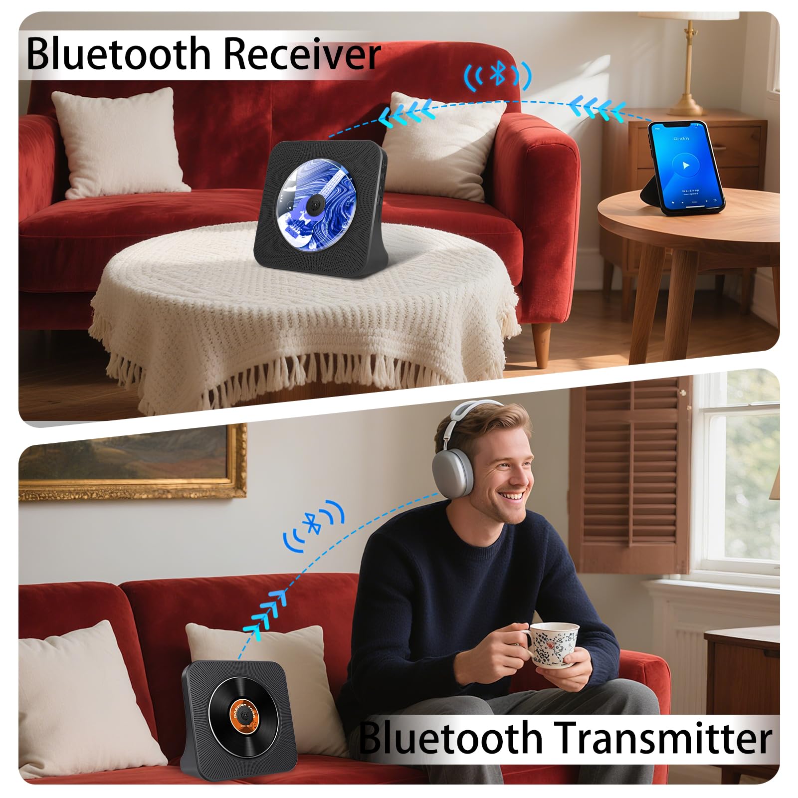 Lettore CD portatile con Bluetooth 5.0, lettore CD domestico con doppi altoparlanti stereo integrati, lettore musicale portatile per auto con Audio Boombox/AUX/USB