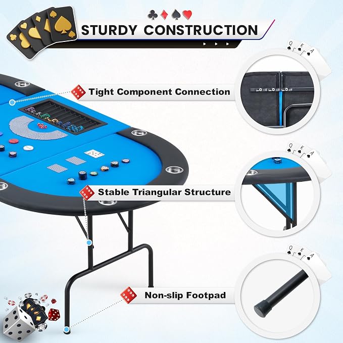Mesa de Poker Plegable Azul para 9 Jugadores Oval miniatura 5