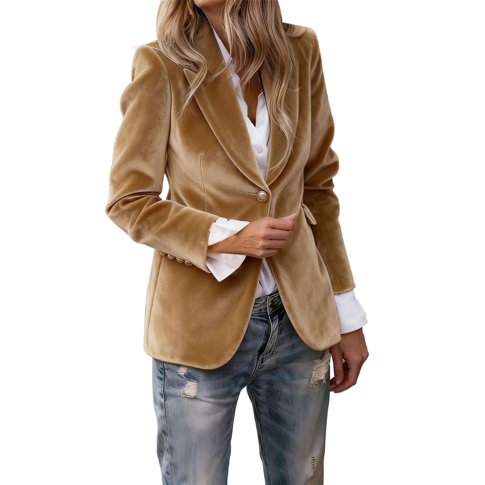 Giacca da donna in velluto lungo, oversize, con scollo a V, con colletto a risvolto, tinta unita, blazer lungo, elegante temperamento, costume da discoteca
