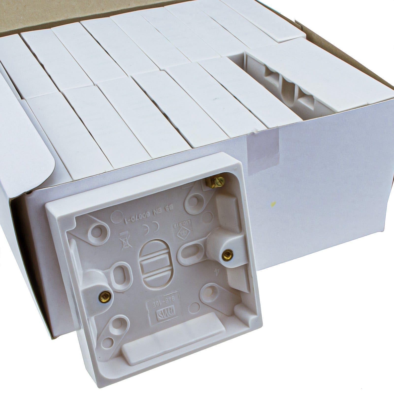 kenable Surface Mount Back Box Single Gang 16mm Deep Pattress Box for Sockets Switches Faceplates 85x85mm White BS5733 - Pack of 20
