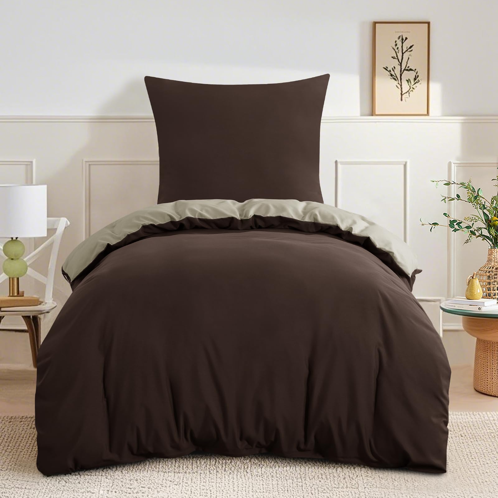 RUIKASI Bettwäsche 155x220 Braun Khaki 2teilig - Wendebettwäsche Bettbezug 155 x 220 mit Reißverschluss, Oeko-TEX Mikrofaser Bettwäsche Sets, Weich und Bügelfrei