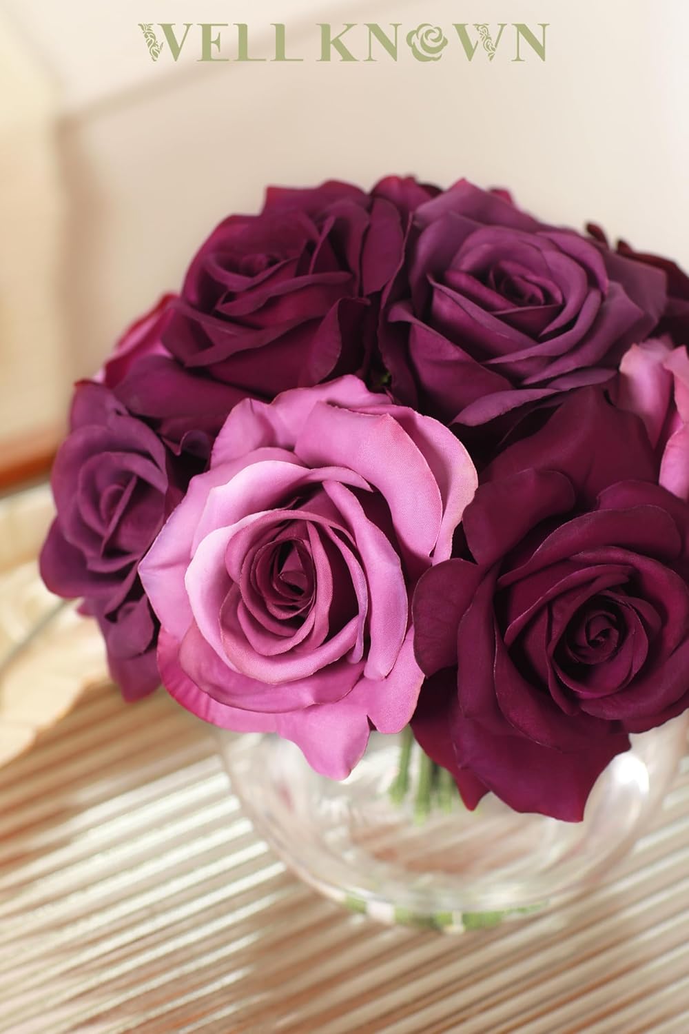 WELL KNOWN Silk Purple and Pink Roses Bouquet in Vase, Artificial Fake Flowers Arrangements in Glass Vase with Faux Water for Home Office Hotel Birthday Wedding Party Table Decoration & Mom's Gift - Image 7