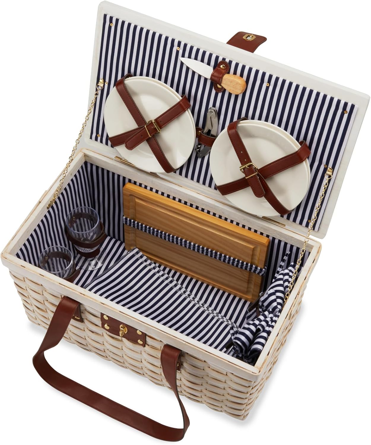 Twine Tahoe Outdoor Lid and Handle, Four Person Basket with Accessories Picnic Equipment 28-Piece Set, Set of 1, Cream/Ivory