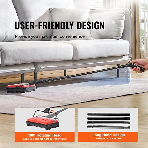 VEVOR Carpet Sweeper Manual, Floor Sweeper with 300 ml Dustbin Capacity Easy to Empty, 17 cm Cleaning Width for Home Office Carpets Pet Hair Dust, Red
