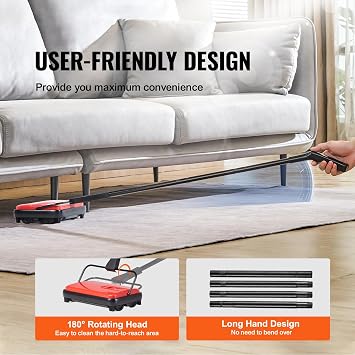 VEVOR Carpet Sweeper Manual, Floor Sweeper with 300 ml Dustbin Capacity Easy to Empty, 17 cm Cleaning Width for Home Office Carpets Pet Hair Dust, Red